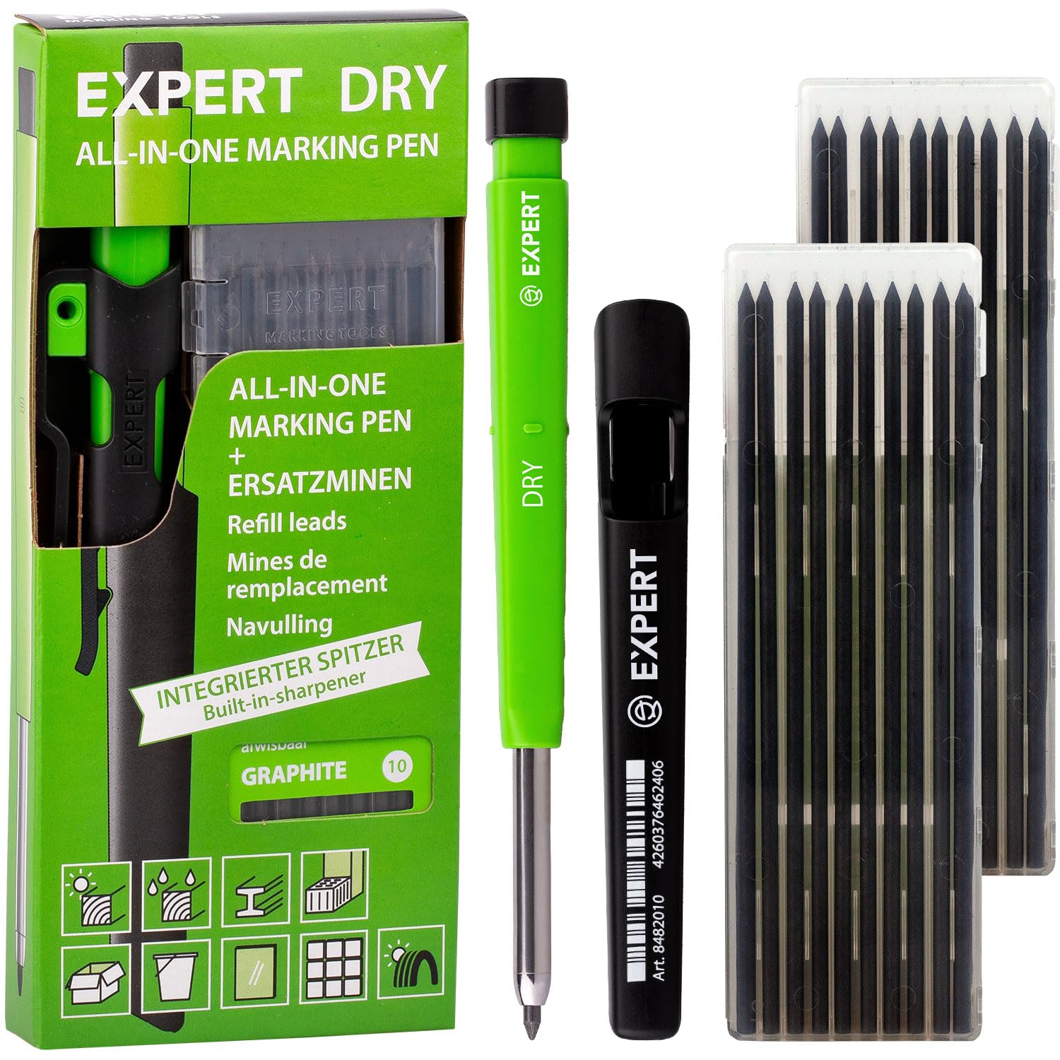 EXPERT DRY All-in-One Markierstift mit 2x Graphit-Minen-Sets | Nachfüllbarer Tieflochmarker mit Graphit-Set | Vielseitig auf Holz, Glas, Metall | Zimmermannsbleistift mit Minenautomatik