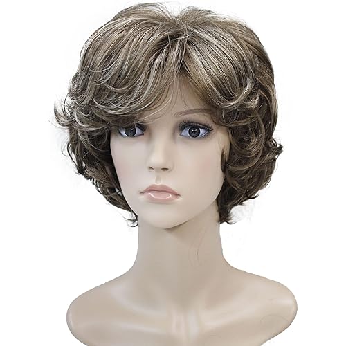 Wiginway Short Layered Shaggy Wavy Wigs Full Synthetic Bob Capless Wigs for White Women Brown Highlights