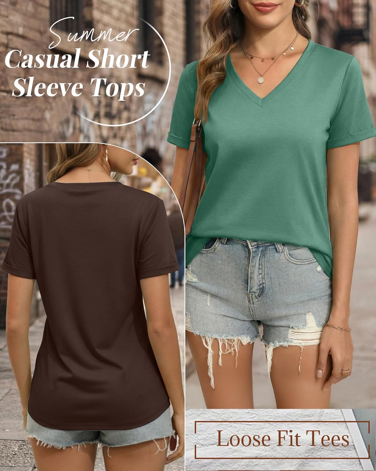 Ficerd 3 Pack Women's V Neck T Shirts, Summer Casual Short Sleeve Tops Loose Fit Rolled Sleeve Tees Trendy Shirts - Image 6