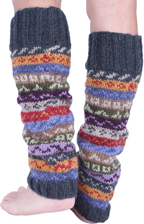 Pachamama 100% Wool Legwarmer Handknitted Fairisle Green Multicoloured Regular Fit Handmade Extra Warm Fair Trade