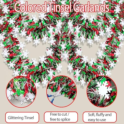 Miniatura 6 de Guirnalda de oropel de Navidad de 66 pies, brillante, gruesa, roja y verde, con diseño de copo de nieve, decoración de árbol de Navidad, guirnalda