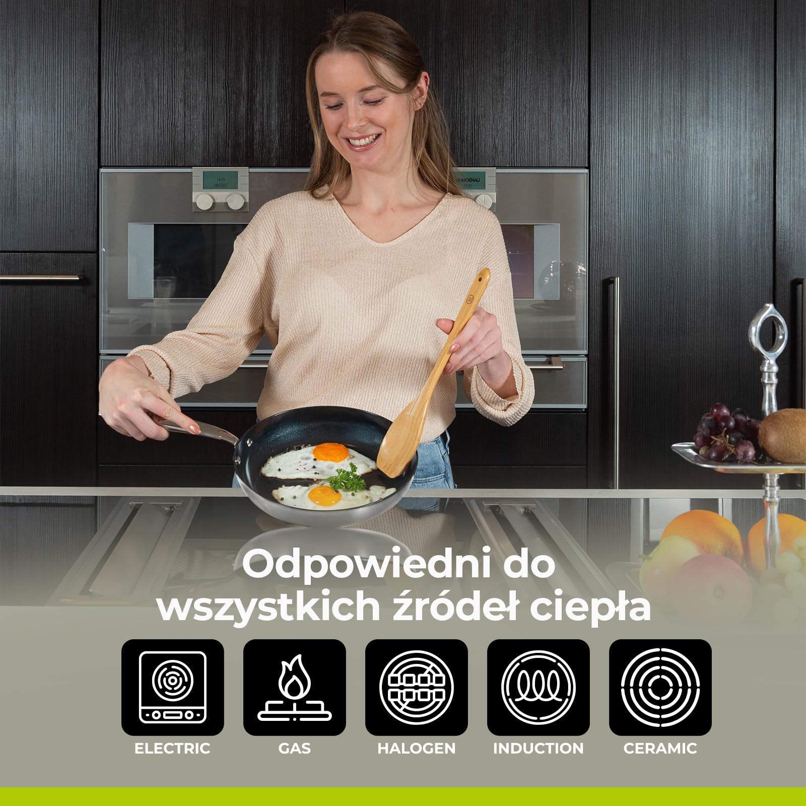 BE living Zestaw patelni ze stali nierdzewnej – Ø 20, 24 i 28 cm – ceramiczne – indukcyjne – bez PFAS, nieprzywierające – patelnia – seria Essential