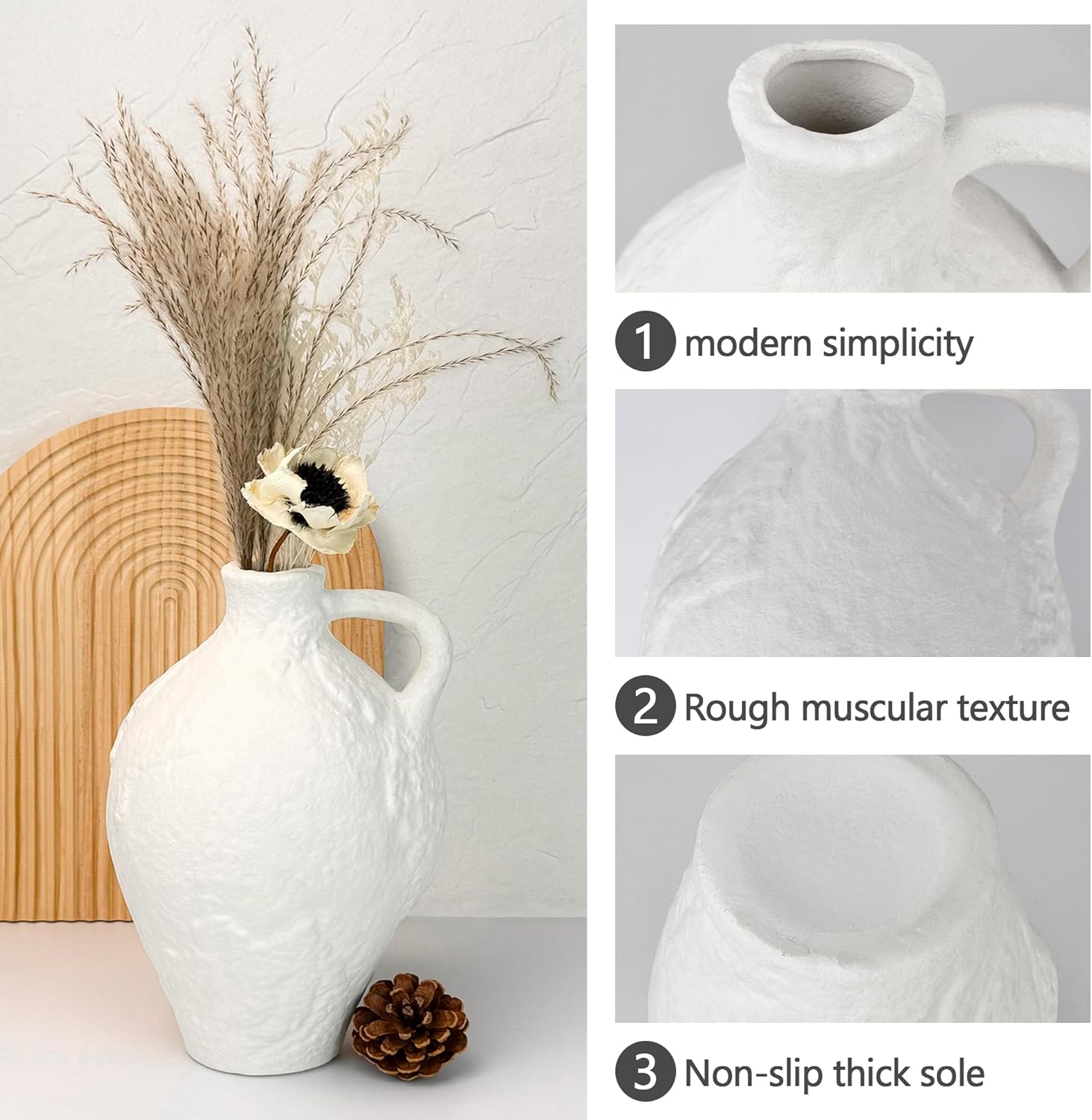 Ceramic Vase with Handles, 10.4inch Tall White Rustic Large Farmhouse Terracotta Vase for Home Boho Decor, Room Table Centerpiece, Living Room, Vintage Pottery Gifts, Bathroom - Image 4