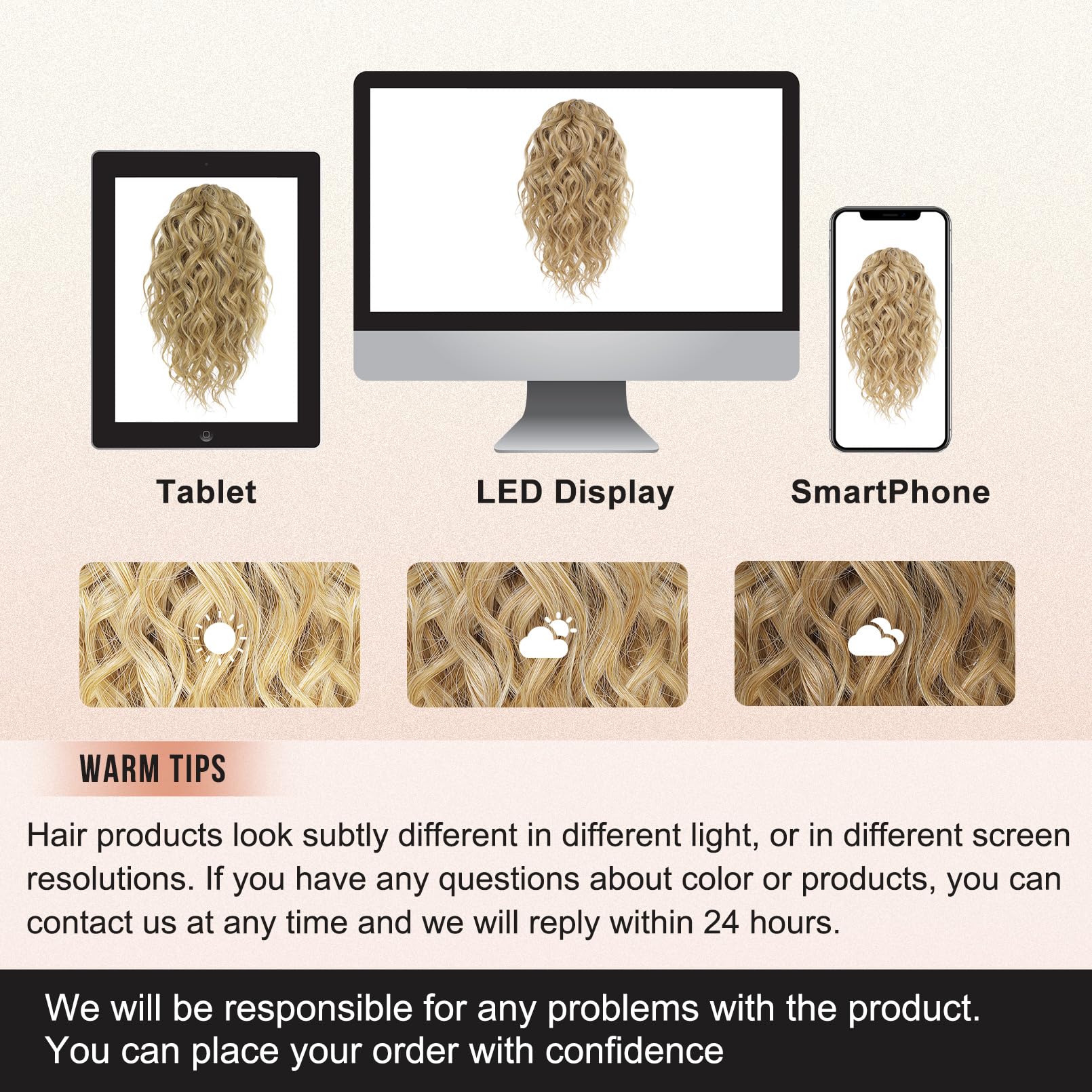 FLUFYMOOZ Ponytail Extension, 31CM kurze Klauen Pferdeschwanz Haarverlängerung, gewellte, lockige Pferdeschwanz mit Kinnclip, synthetische Perücken für Frauen Goldblond mit Highlights