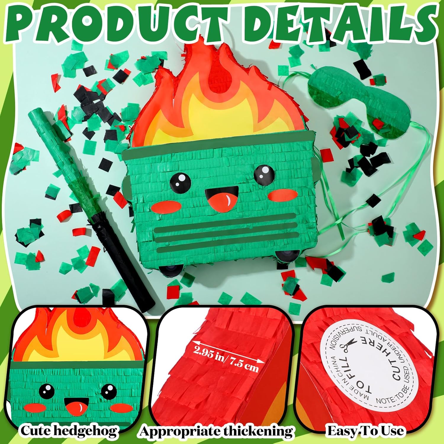 Poen Dumpster on Fire Piñata for Birthday Party 15. 75 x 12. 6 Inch Piñata with Bat Blindfold Confetti for Baby Shower Photo Props Cinco De Mayo Fiesta Decoration Kids Teens Adults Supplies(Green)