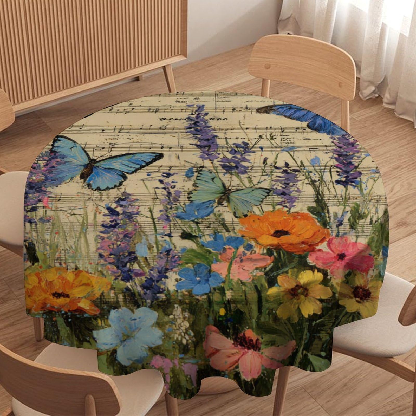 LUYYSKY Beautiful Watercolor Floral Butterfly Round Tablecloth Mid Century Classic Flowers Animals Butterflies Music Notes Print Washable Decor for Table Cover for Kitchen-127 Wx127 L cm