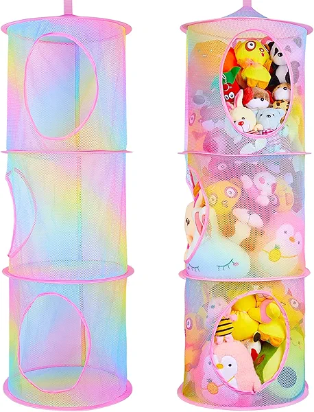 Basumee Stuffed Animals Net or Hammock 2 Pcs Stuffed Animals Storage Toy Net Hammock for Plushies Storage Organizer Mesh Kids Girls Room Decor, Rainbow, 3 Tiers