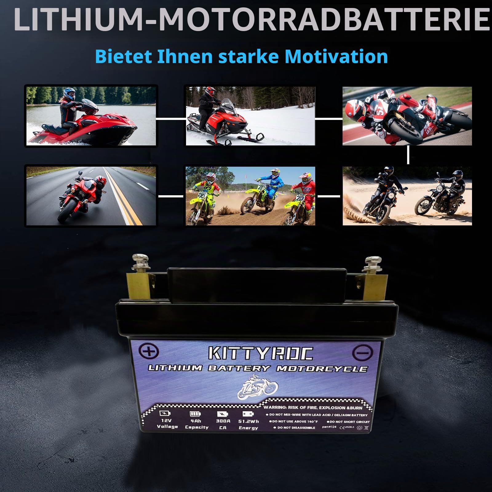 12V Lithium Motorrad Batterie 4Ah 300A, Square Terminal LiFePO4 Batterie mit Smart BMS, Ersatz ATV, UTV, Motorrad, Rasenmäher, Jet Ski, Schneemobil, 4 Wheeler, Traktor, Roller