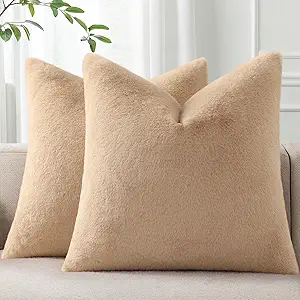 Pallene Faux Fur Plush Throw Pillow Covers 26x26 Set of 2, Soft Fluffy Couch Pillow Covers for Living Room, Khaki