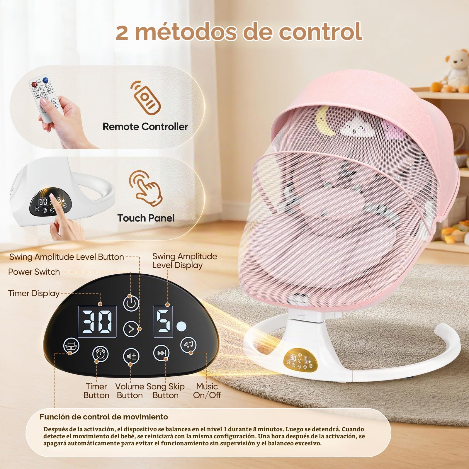 Respaldo Ajustable Hamaca para Bebé, Eléctrica Silla Mecedora de Bebé con Cojín Desmontable y Mesa Auxiliar Desmontable, Control Remoto Hamaca Bebe 5Velocidades de Columpio y 12 Melodias (Rosa)