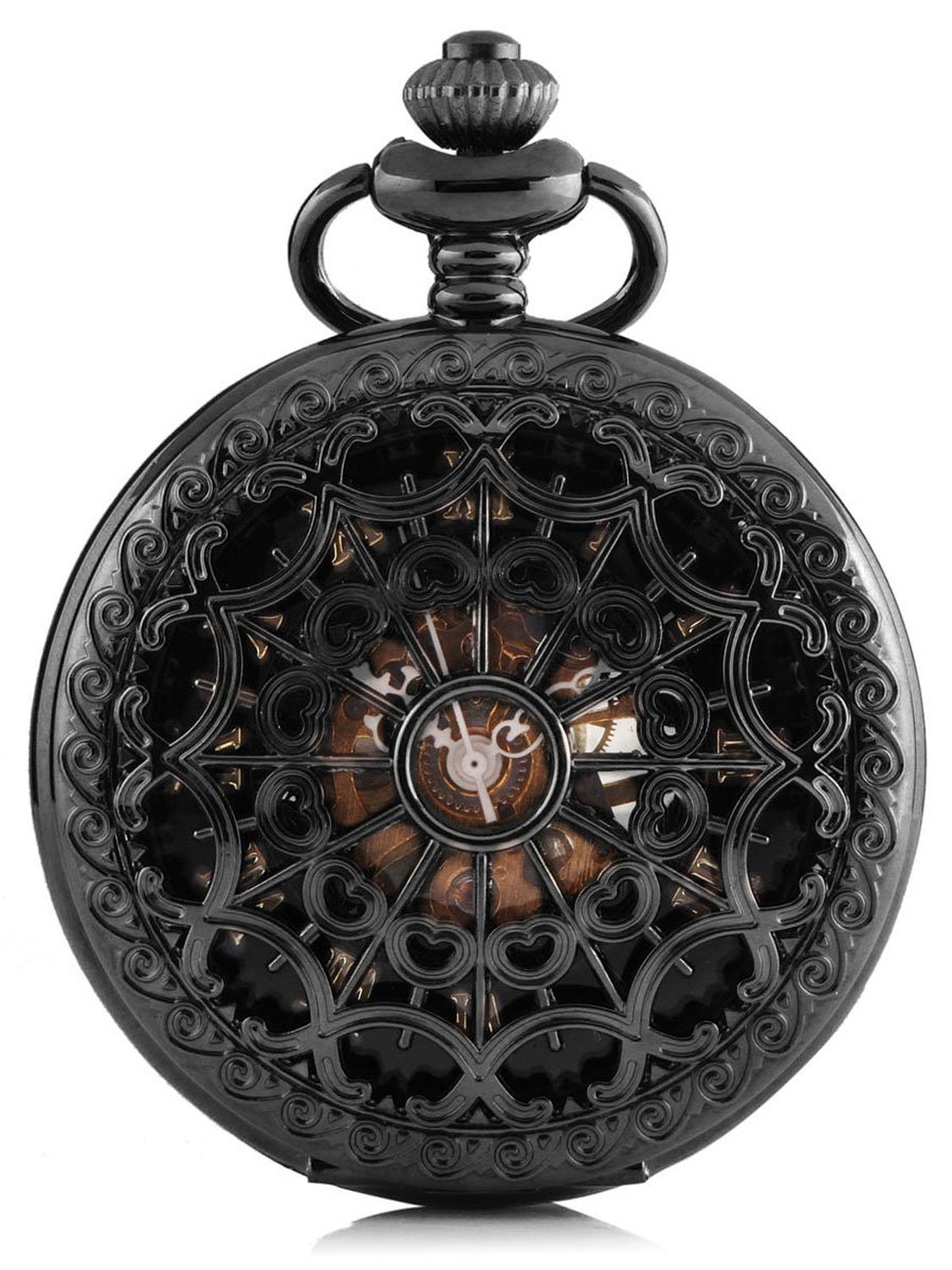 Mens Cobweb Black Steampunk Skeleton Pocket Watch with Chain in Box CHPW4