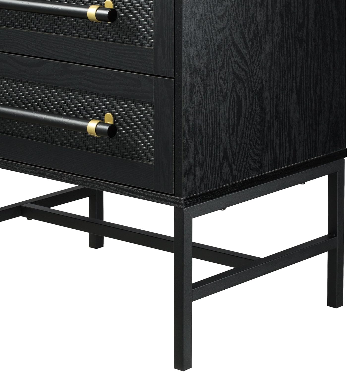 Sophia 2-Drawer Nightstand in Matte Black with Textured Rattan Fronts, Oversized Gold-Tone Pulls, and Sleek Aluminium Base- Modern Bedroom Storage Solution for Homes and Urban Lofts