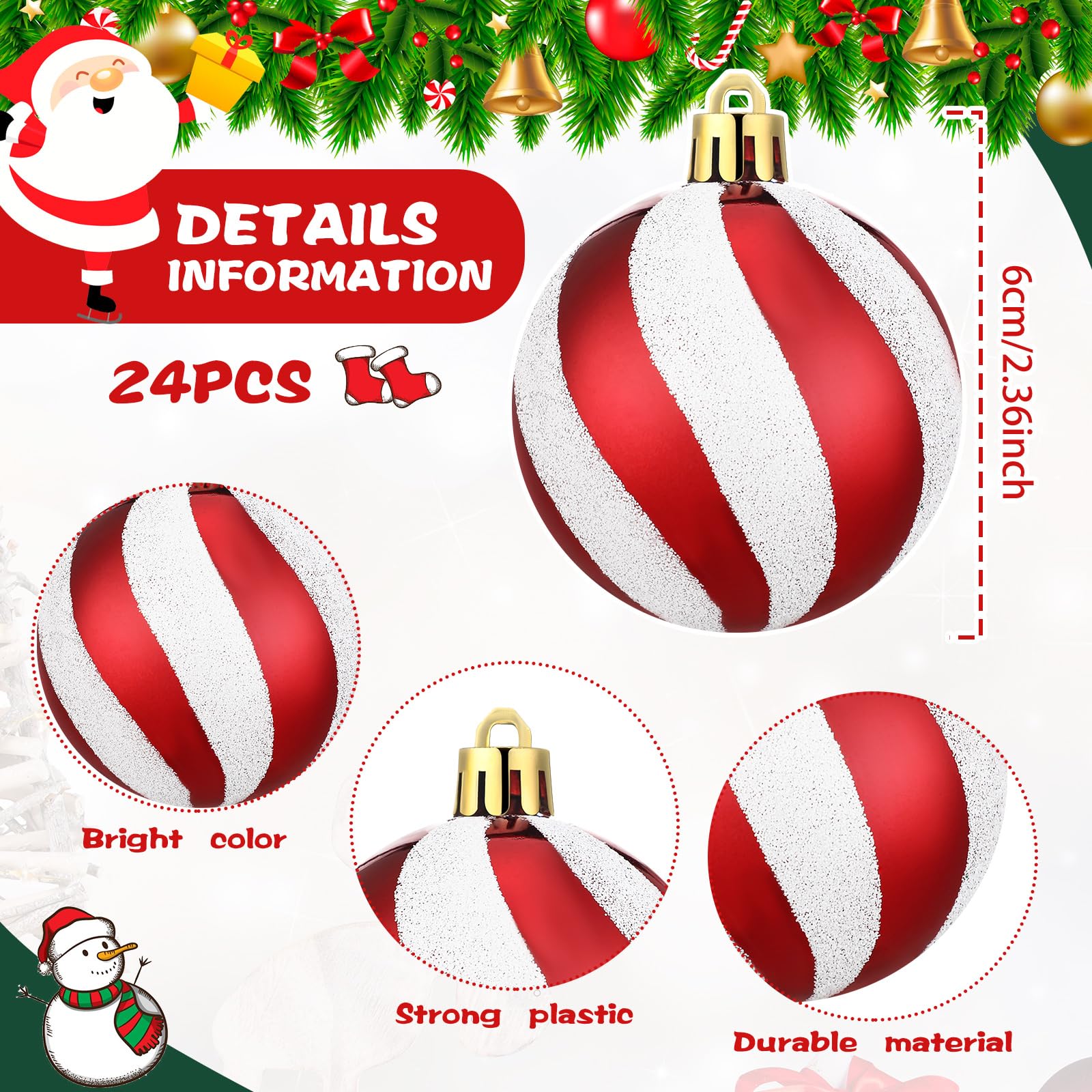 Lot de 24 boules de Noël à suspendre pour sapin de Noël, décorations de Noël à pois rouges et blancs, décoration de Noël, menthe poivrée, sucre d'orge, décoration de fête de mariage