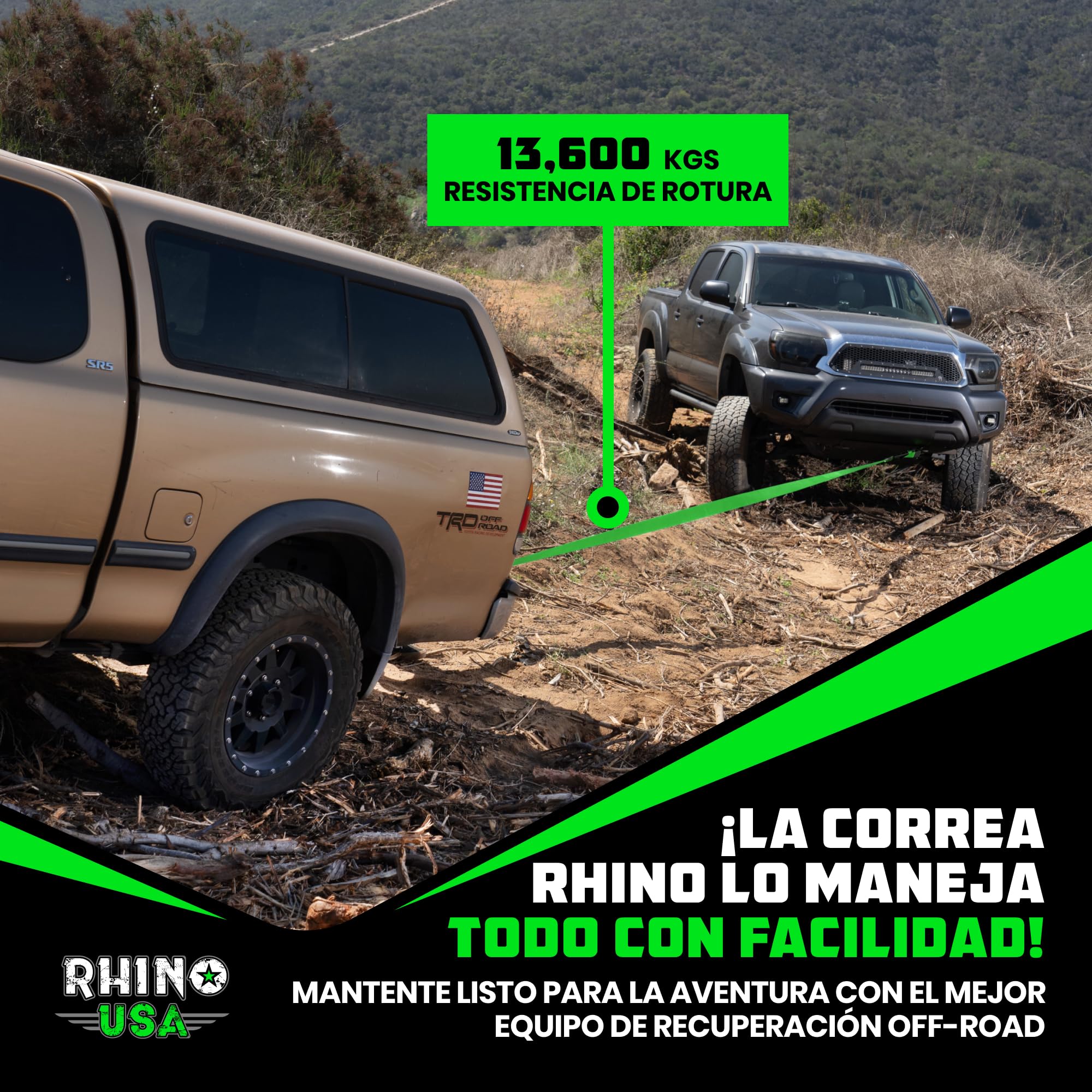 Rhino USA Correa de Remolque (7,6cmX9,1m) - Resistencia a la Rotura de 13.600 kg - Cuerda de Recuperación de Emergencia para Camión, UTV, ATV - Recuperación Heavy Duty para Uso Todoterreno 4X4 - Verde