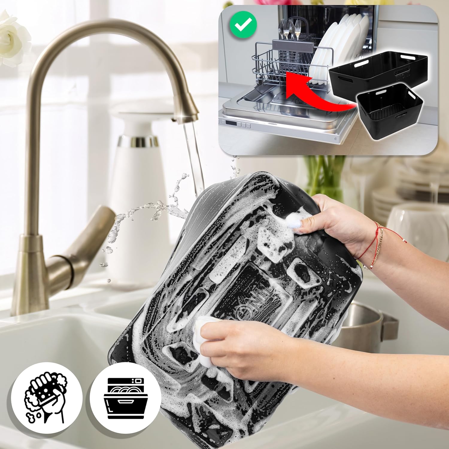 Duronic AFL3 Silicone Air Fryer Liners being cleaned by hand and in a dishwasher