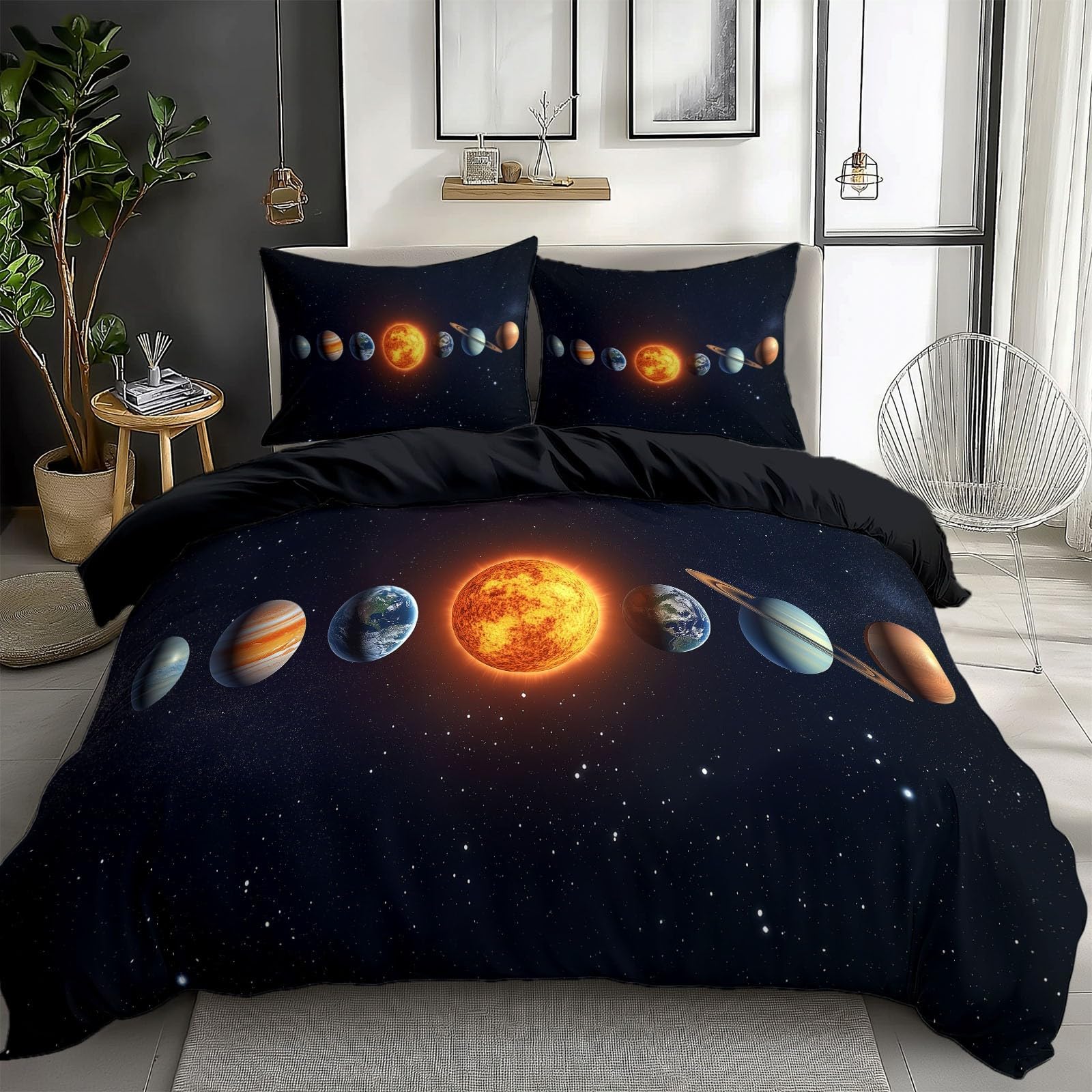 Midnight Blue Bedding Sets Solar System Planets Print Duvet Cover Set, Comforter Cover Full Size Soft Breathable Reversible 3-Piece Bedding for Kids Teens