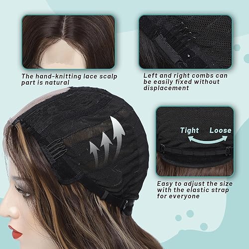 Miniatura 6 de YESEGO Peluca con reflejos marrones para mujer, peluca sintética de encaje frontal de 26 pulgadas, parte media, peluca ondulada de fibra resistente