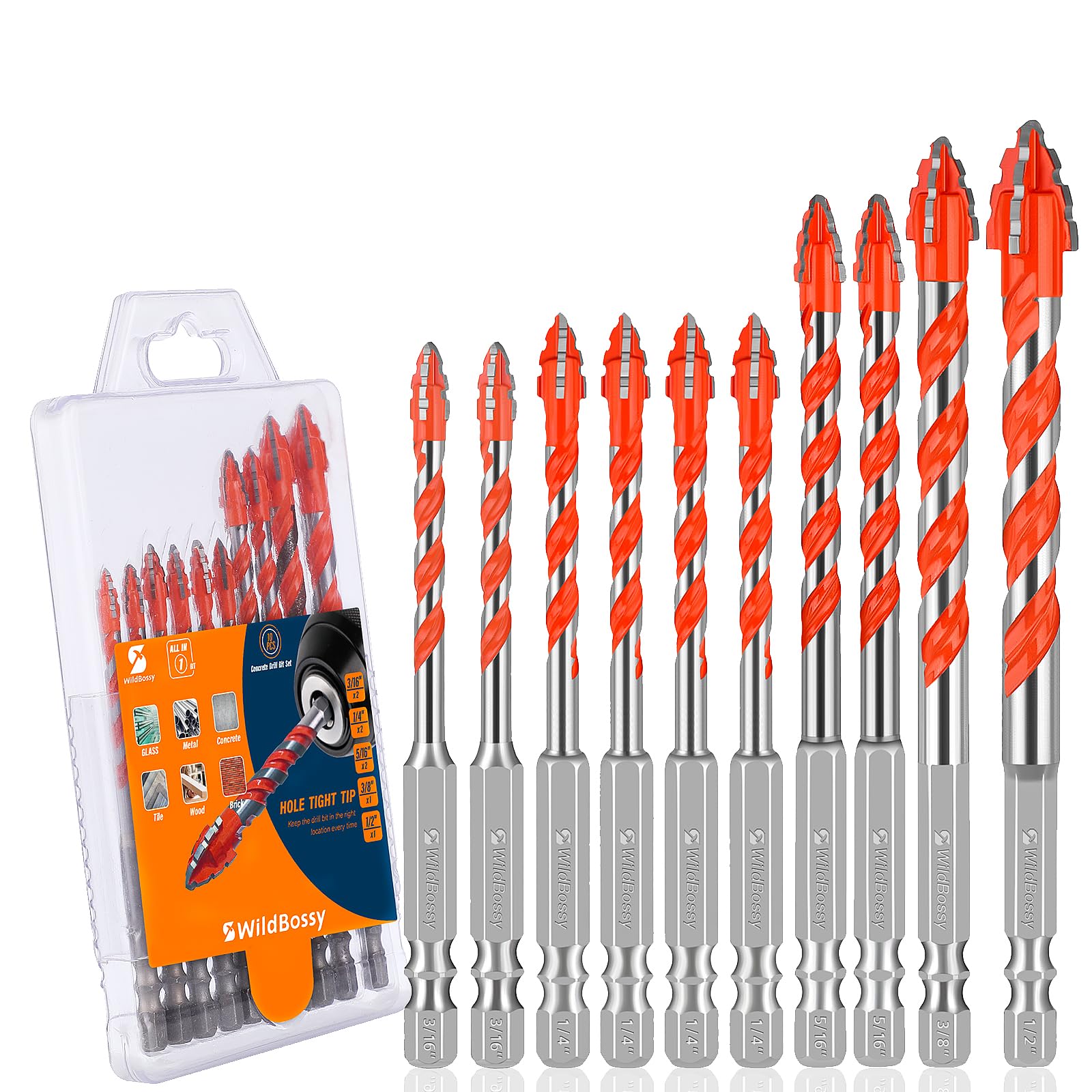 Juego de 10 brocas dentadas para hormigón (3/40.6 cm-1/17.8 cm), punta de carburo de tungsteno para mampostería para vidrio, metal, ladrillo, azulejos, hormigón, plástico y madera