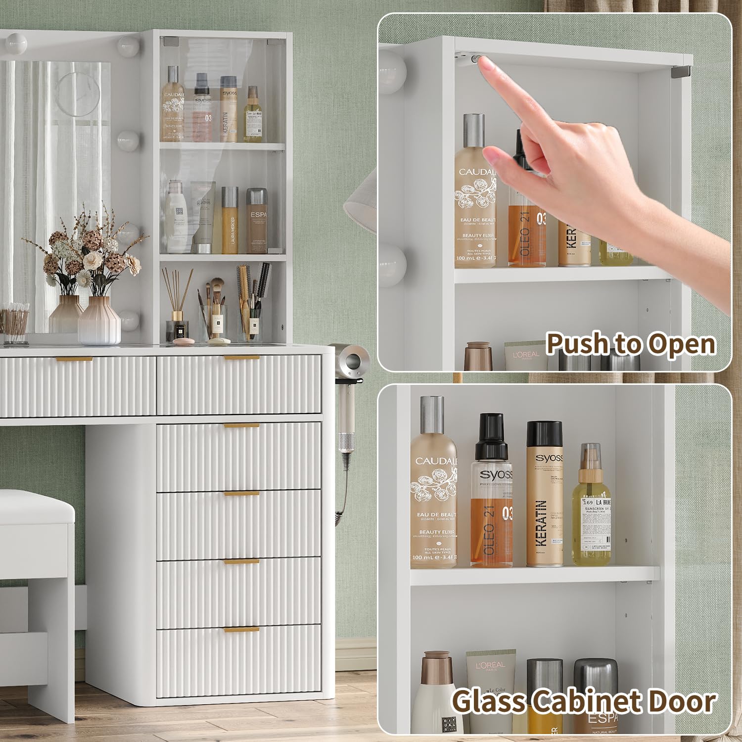 Yanosaku 47" Fluted Vanity Desk with Mirror & LED Lights, 7-Drawer Makeup Vanity with Glass Top & Cabinet, Vanity with Chair & Charging Station, 3 Lighting Modes, for Bedroom, Natural Oak