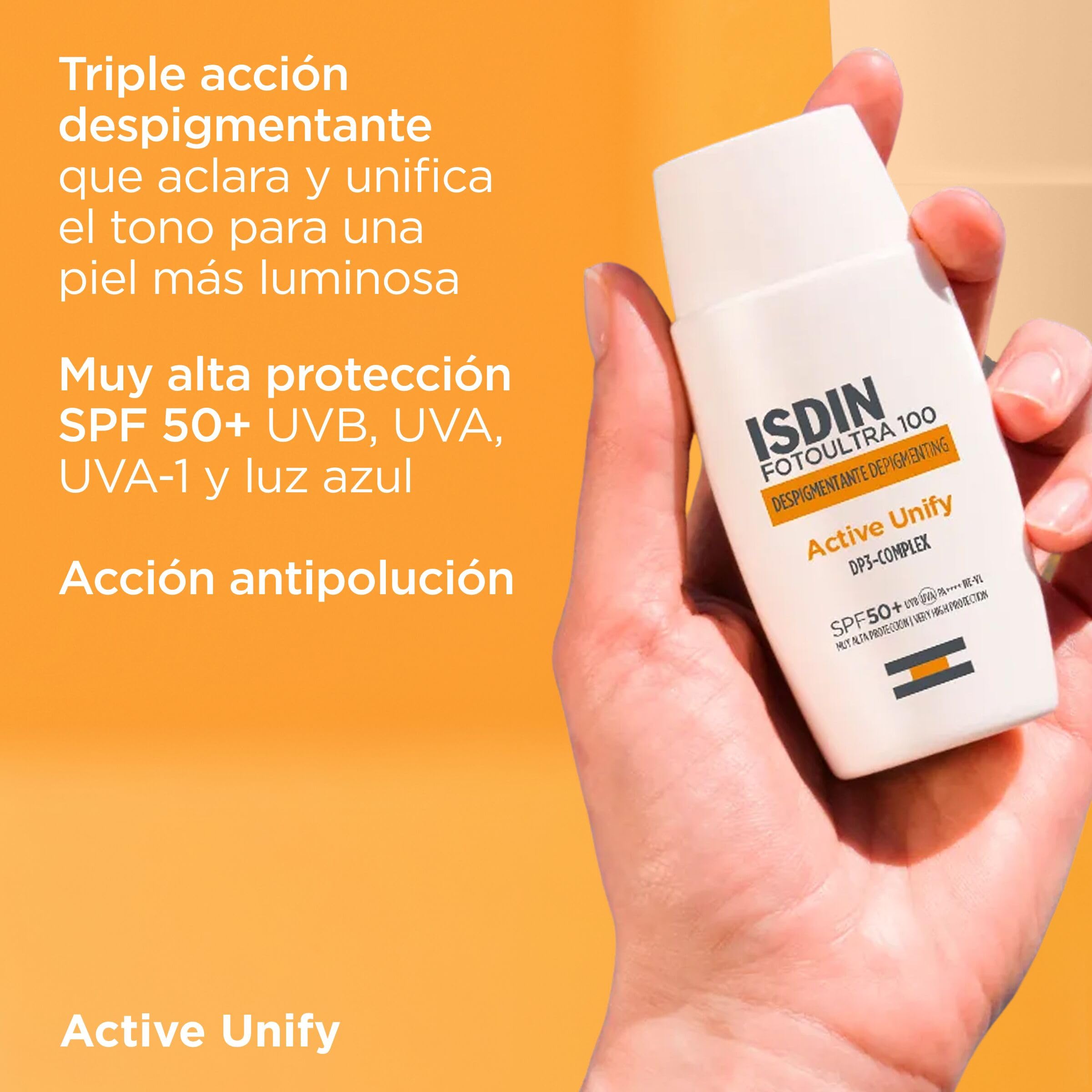 ISDIN Fotoultra 100 Active Unify SPF 50+ Crema Fluida con Triple Acción Despigmentante que Unifica el Tono y Ayuda a Evitar la aparición de Nuevas Manchas, 50 ml