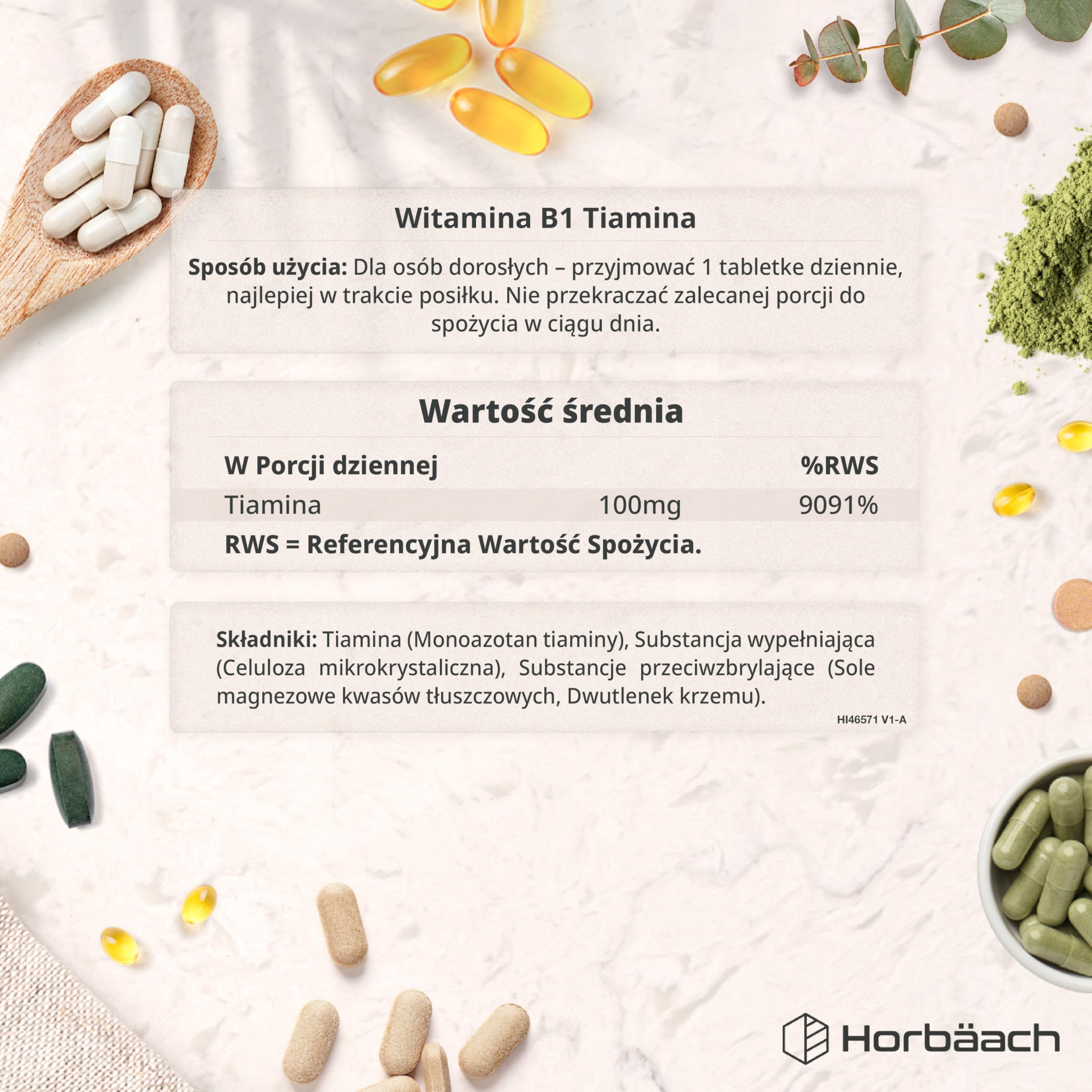 Witamina B1 (Tiamina) 100mg Tabletki | 120 Sztuk (Zapas Na 4 miesiące) | Witamina B1 Wysokiej Mocy | Suplement Odpowiedni Dla Wegan i Wegetarian | Firma Horbaach