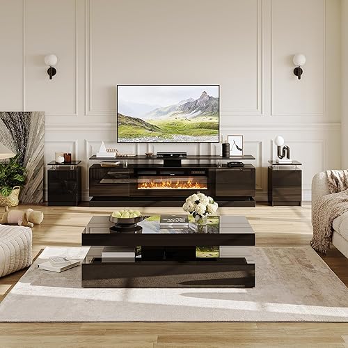 Miniatura 2 de Juego de Mesa Moderna de 4 Piezas para Sala de Estar, Incluye Soporte de TV para Chimenea de Alto Brillo de 70", Mesa de Centro LED y Juego de 2