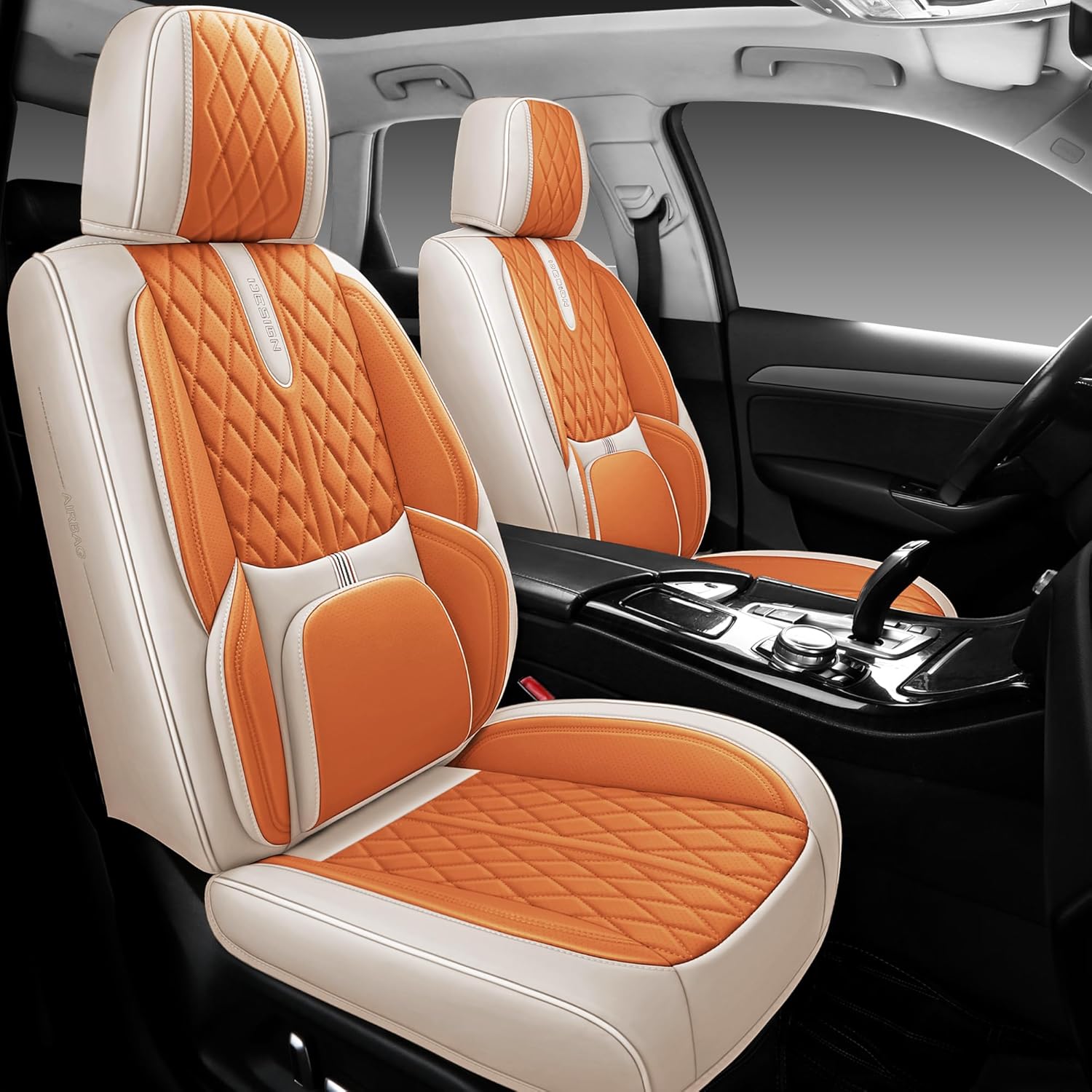 Comfortable Leather Auto Car Seat Covers Front & Rear Seat Protector Fit Sedan SUV 5 Seats Full Set Universal Fit (Orange & Off White)