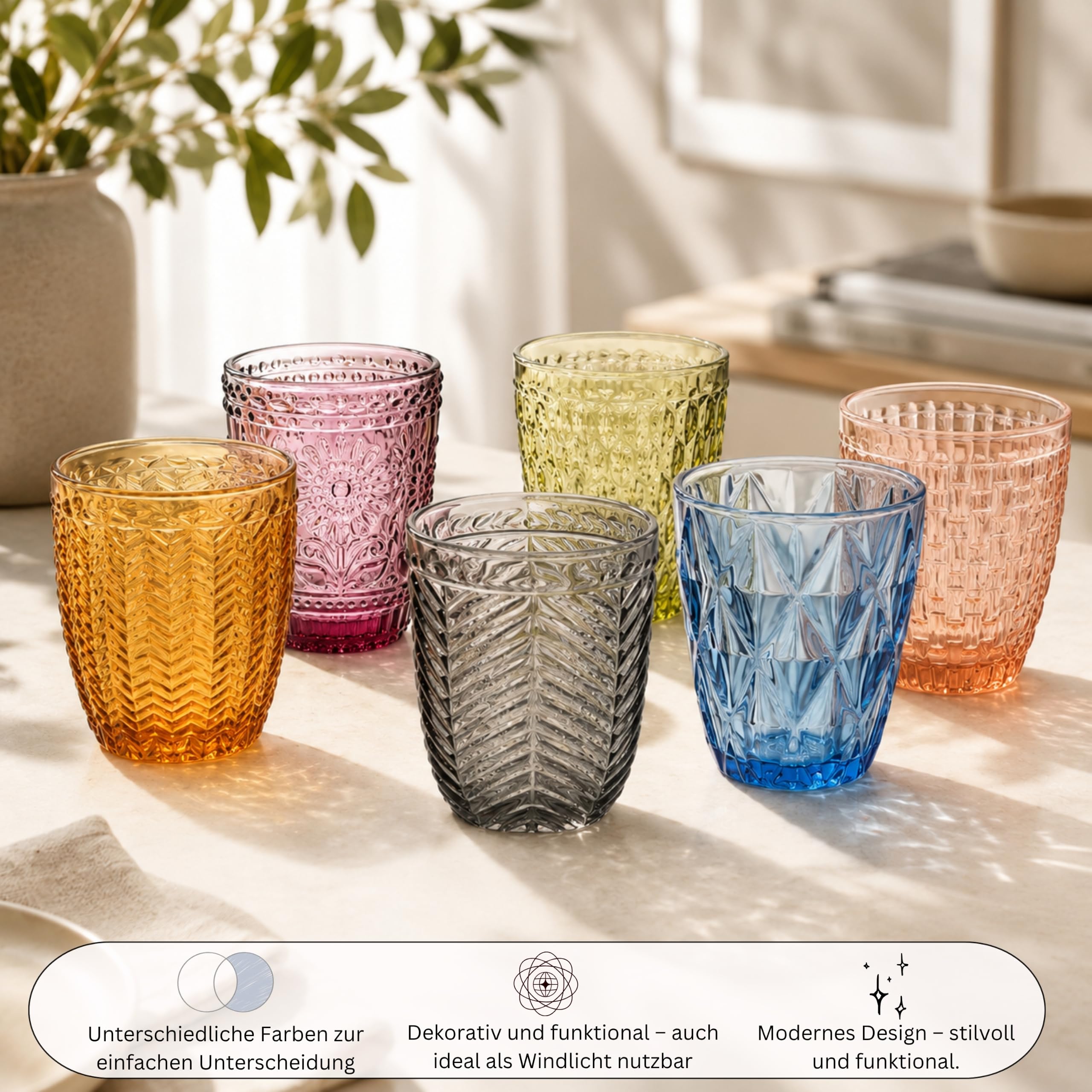 Sänger Trinkgläser Set Porto 6 teiliges Gläser Set für 6 Personen aus Glas, Wasserglas, Mehrfarbig, einzigartiger Schliff, Alltag, Familienessen, Büro, Outdoor Saftgläser Set | 310 ml