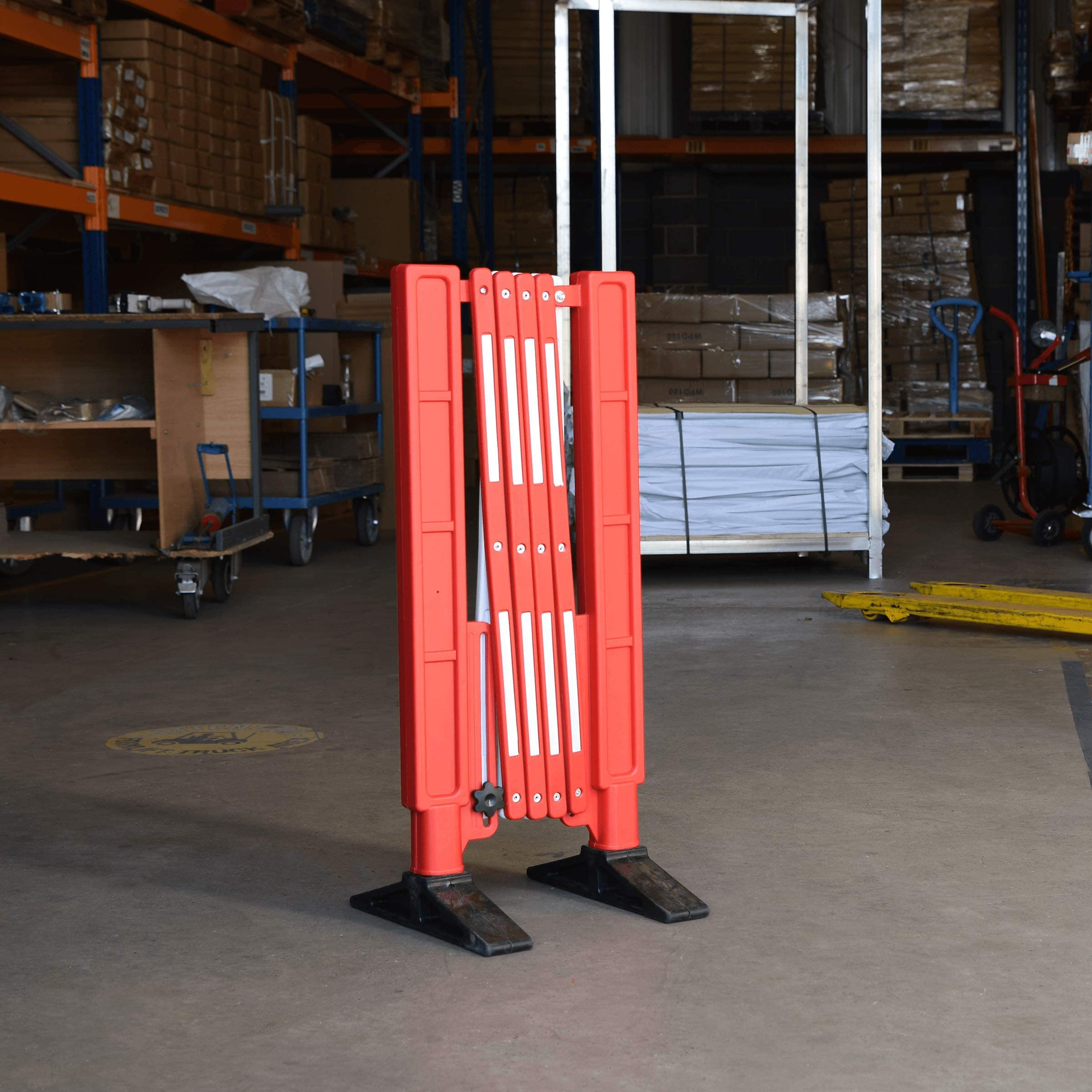 Expandable Mobile Concertina Safety Barrier, Red & White Plastic