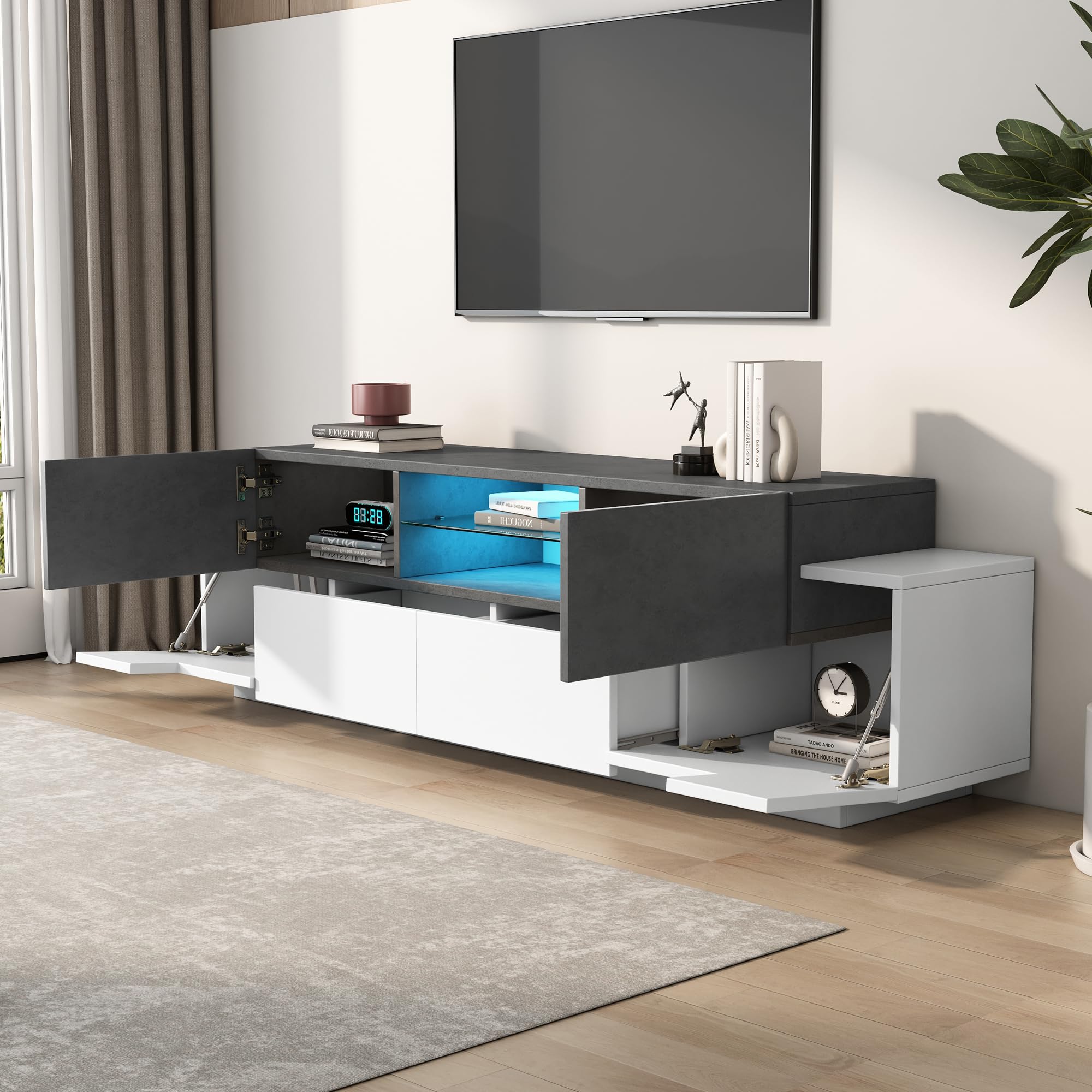 Azkoeesy Mobile TV con illuminazione a LED, 180 cm, colore bianco e grigio marmo, moderna console TV con ripiani in vetro e molto spazio per il soggiorno (4 ante + 2 cassetti)