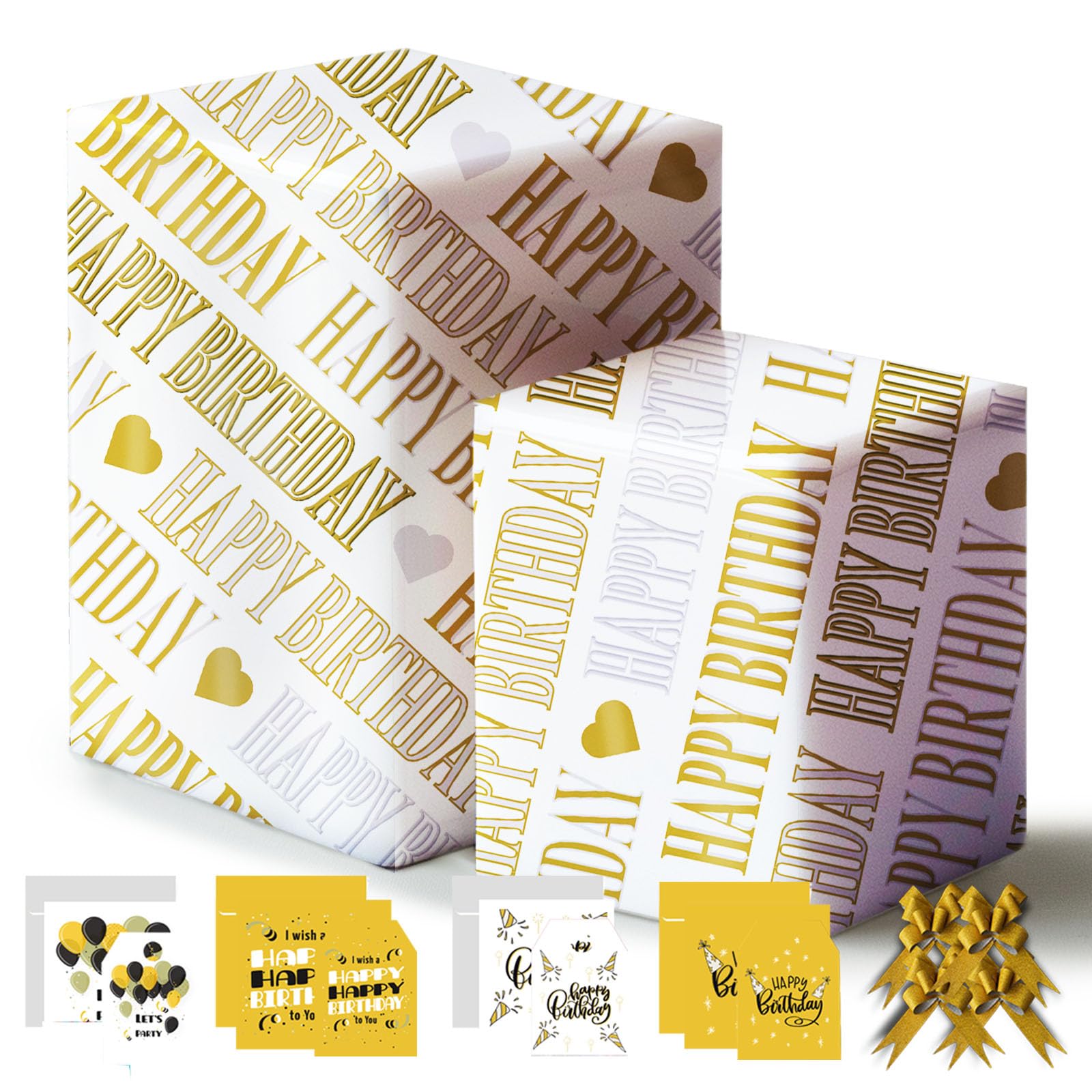 Gold Happy Birthday Wrapping Paper 43% Bigger 85 * 60cm,8 Sheets,8 Bows,8 Cards,8 Envelopes,8 Tags,Gift Wrap Pack for Her,Girls,Mum,Wife,Kids,Men,Dad,Husband,Brother,Son,Boysster,Daughter,Kid