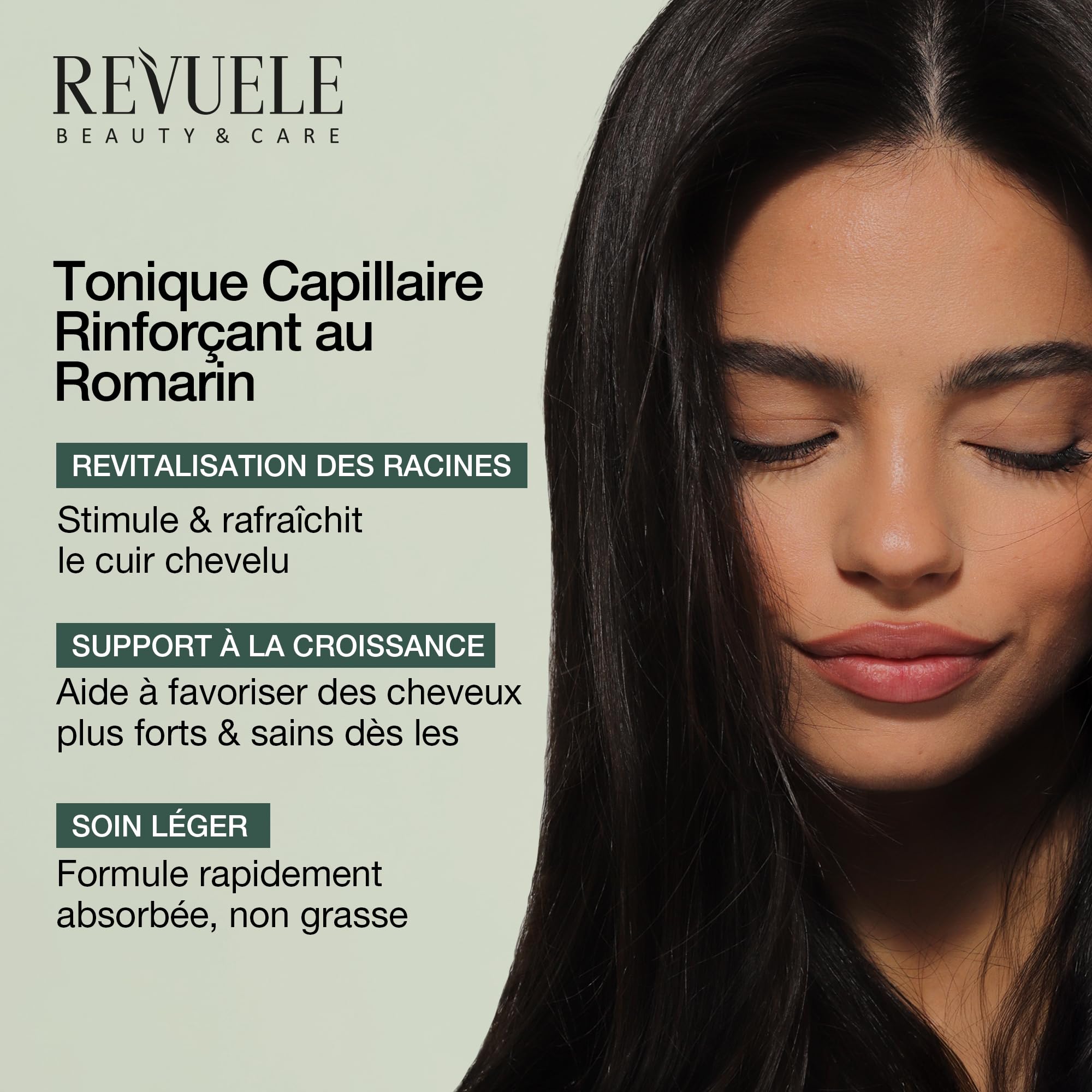 Le REVUELE Spray Rinforzante au Romarin pour Cheveux – Énergise le Cuir Chevelu, Stimule la Croissance, Renforce Racines et Longueurs, 150 ml