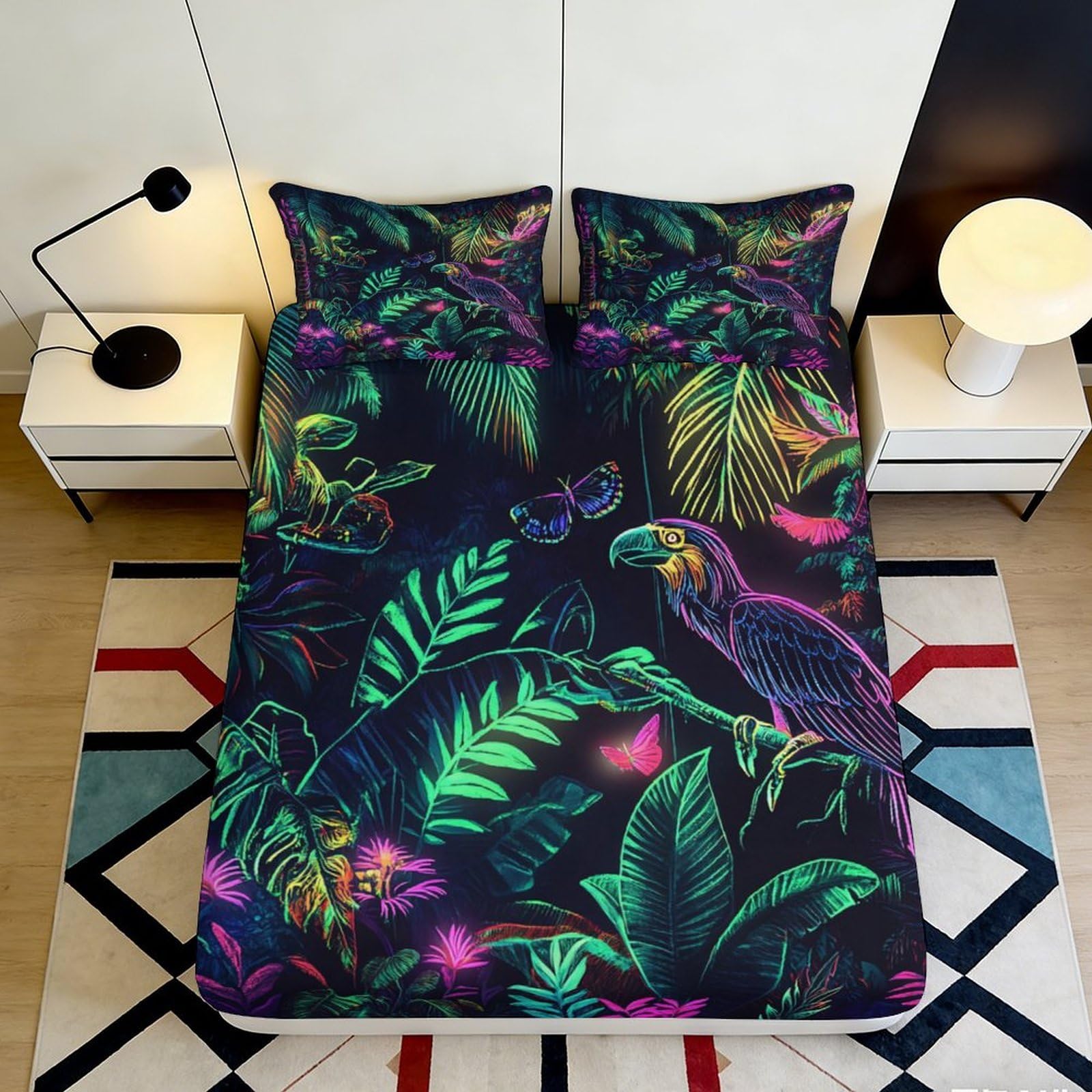3D Printed Tropical Jungle Fitted Sheet Microfiber Soft Parrot Leaves Mattress Cover for Bedroom Guestroom Decor 90x200x25cm