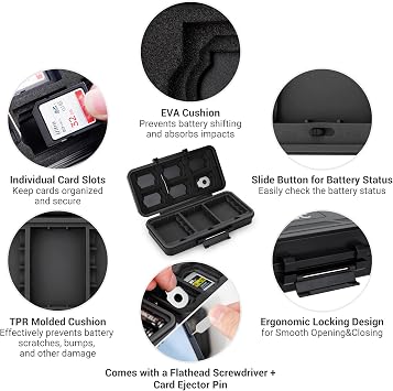 JJC Camera Battery & SD Memory Card Case Holder for Canon Nikon Sony DSLR | Holds up to 3 x Canon LP-E6 Sony NP-Z100 Nikon EN-EL15 Fuji NPW235 & SD CFexpress XQD Cards, Water-Resistant & Shockproof