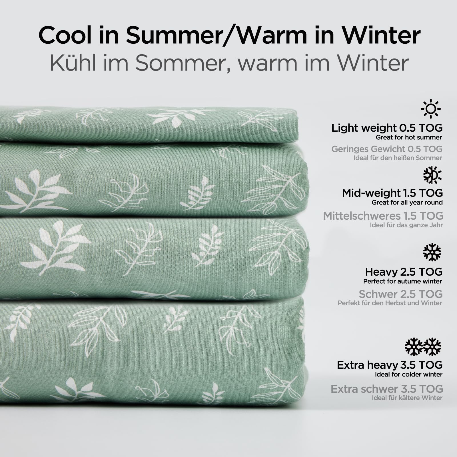 Duomiaomiao 2.5 TOG Sacco a pelo con piedi invernale，100% cotone，Sacco nanna per Bambini（Foglie verdi/1-2 anni）