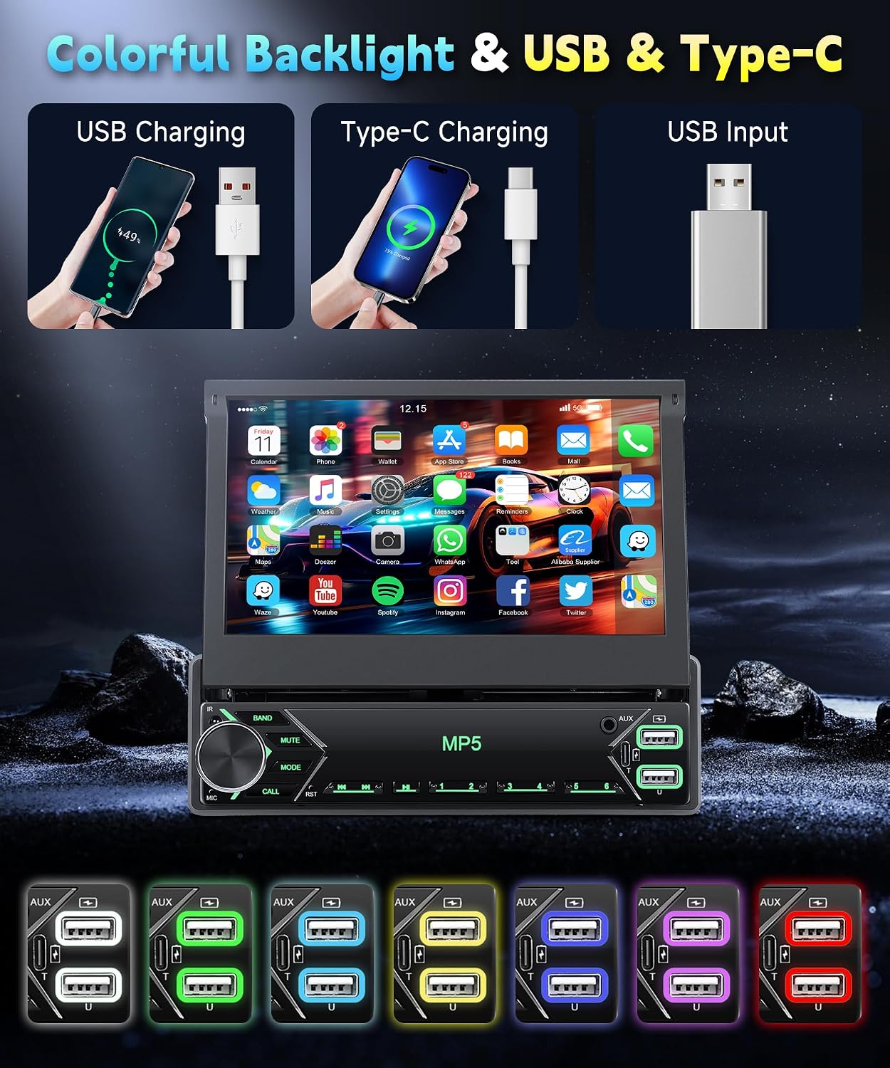 7 Inch Flip Out Touchscreen Car Stereo-Single DIN with Bluetooth 5.0, Mirror Link, Backup Camera & Type-C Fast Charging | Compatible with Most Vehicles
