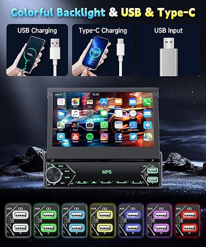 Miniatura 5 de Estéreo de coche con pantalla táctil de un solo DIN, estéreo de coche con pantalla abatible de 7 pulgadas con receptores de audio Bluetooth