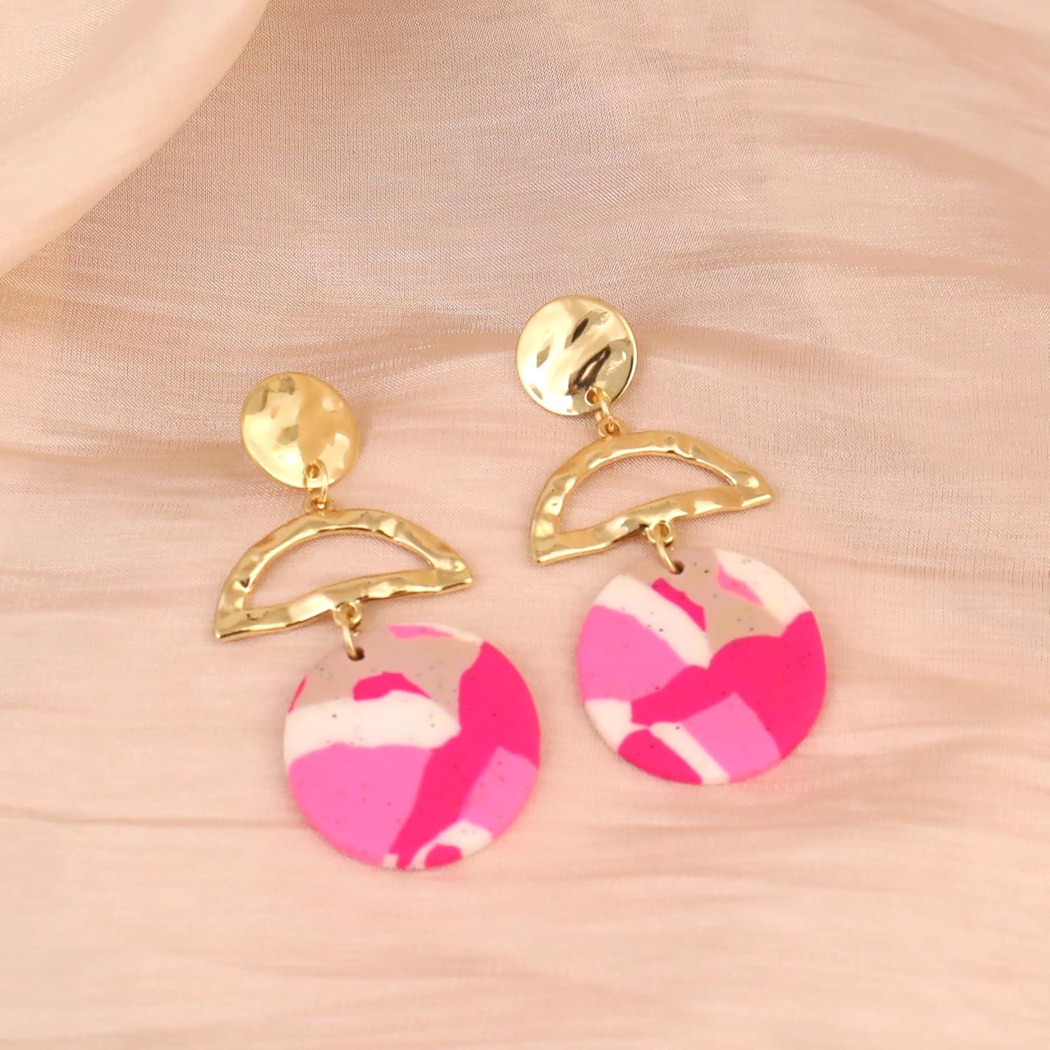 Handmade Geometric Dangle Earrings for Women Colorful Round Polymer Clay Long Drop Earrings 18K Gold Plated Stainless Steel Jewelry Gift - Image 3