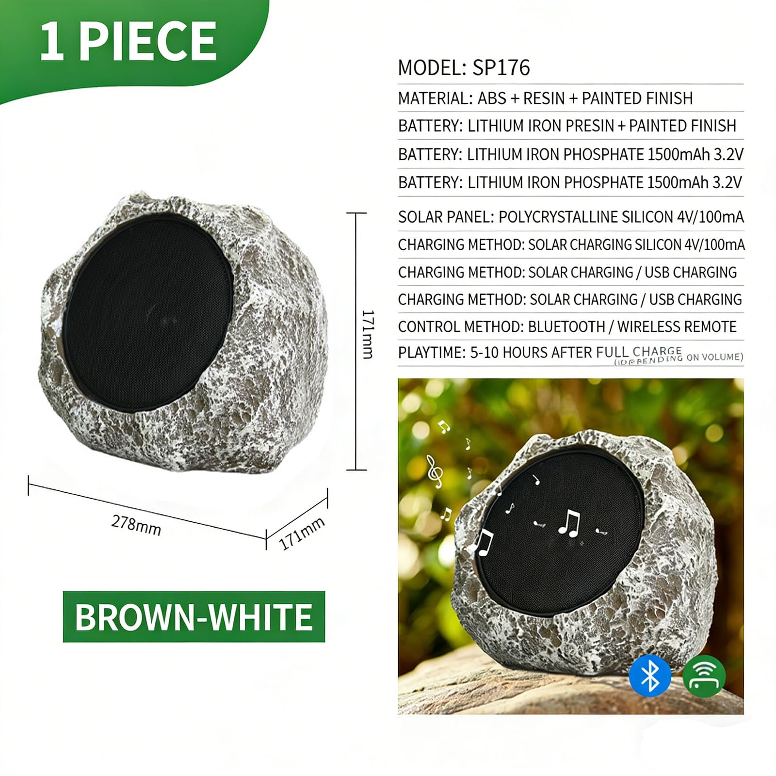 Altoparlanti rock ad energia solare impermeabili all'aperto, altoparlante stereo wireless Bluetooth, USB controllo remoto intelligente, decorazione del sistema di altoparlanti (Brown White)