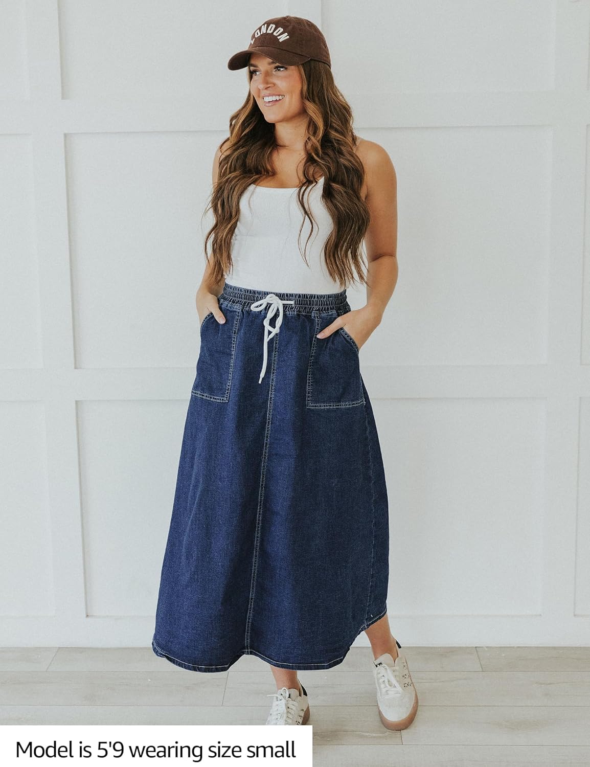 luvamia Denim Skirts for Women Trendy A Line Long Maxi Pull On Elastic Waist Drawstring Stretchy Jean Skirt with Pockets - Image 4