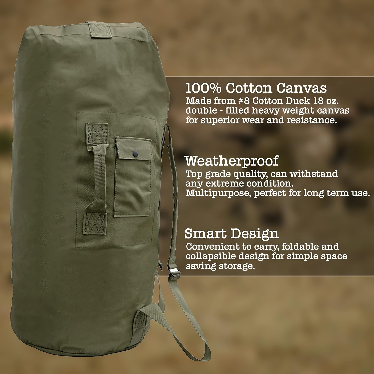 BaHoki Essentials Canvas Duffel Bag - Heavy Duty Top Load Duffel Sea Bag - Military Green Cargo Travel Bags - Image 7