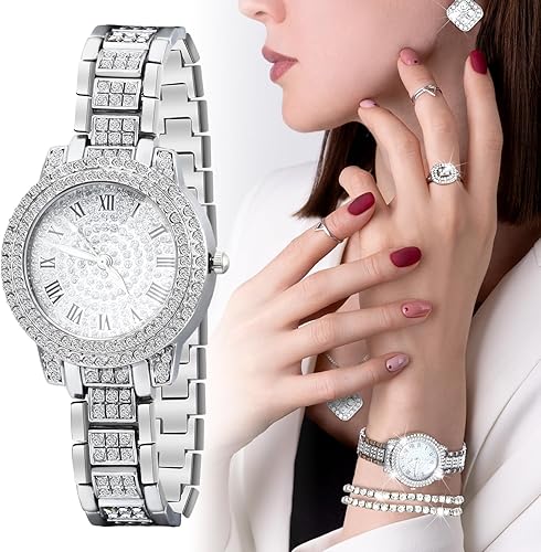 Miniatura 6 de Juego de 7 piezas de reloj y pulsera de lujo para mujer, elegante joyería de diamantes de imitación, reloj de cuarzo y pulsera para mujer, anillo de