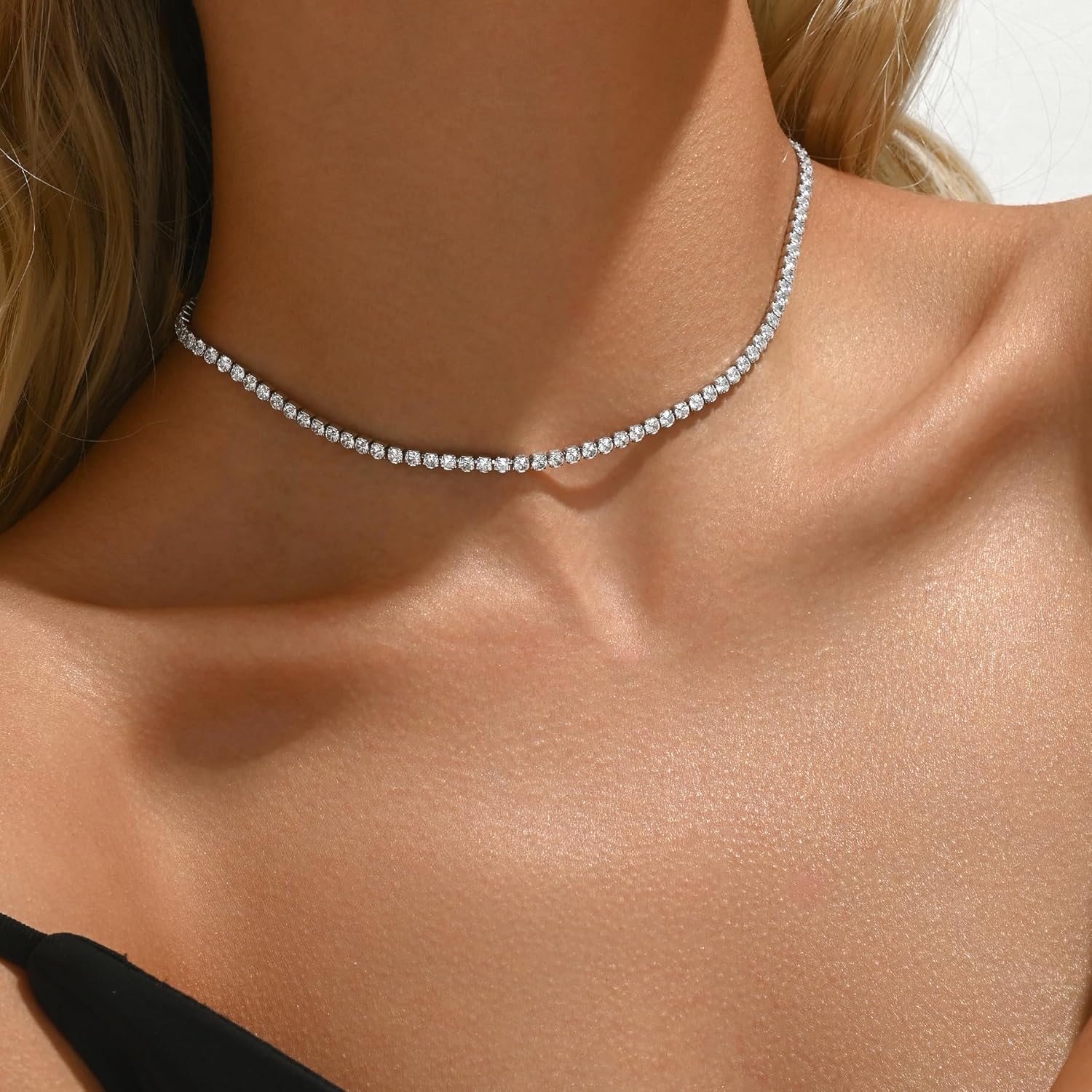 18K Gold Plated 3mm Tennis Necklaces for Women Dainty Simulated Diamond Tennis Choker Chain Layered CZ Flower Pendant Necklace Bridal Jewelry Gift - Image 3