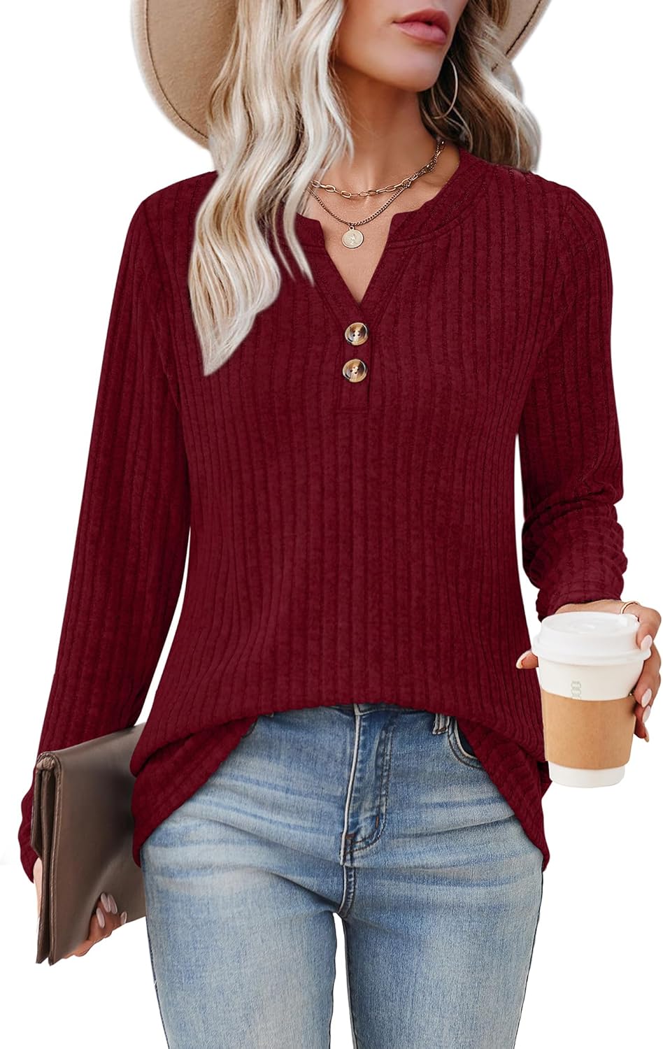 SAMPEEL Womens Sweaters Lightweight Long Sleeve Shirts V Neck Tops with Button Fall Outfits 2025 - Image 3