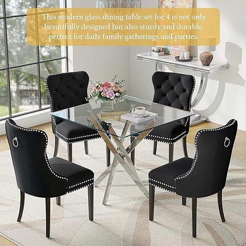 Miniatura 2 de Juego de mesa de comedor de cristal para 4 personas con mesa cuadrada de cocina de vidrio templado de 36 pulgadas, juego de comedor de 5 piezas con