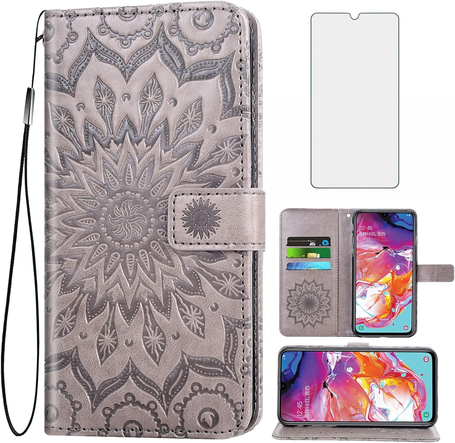 Phone Case for Samsung Galaxy A70 Wallet Cases with Tempered Glass Screen Protector and Leather Flip Cover Card Holder Stand Cell Accessories Glaxay A70S A 70 Gaxaly 70A S70 Boys Girls Women Men Gray