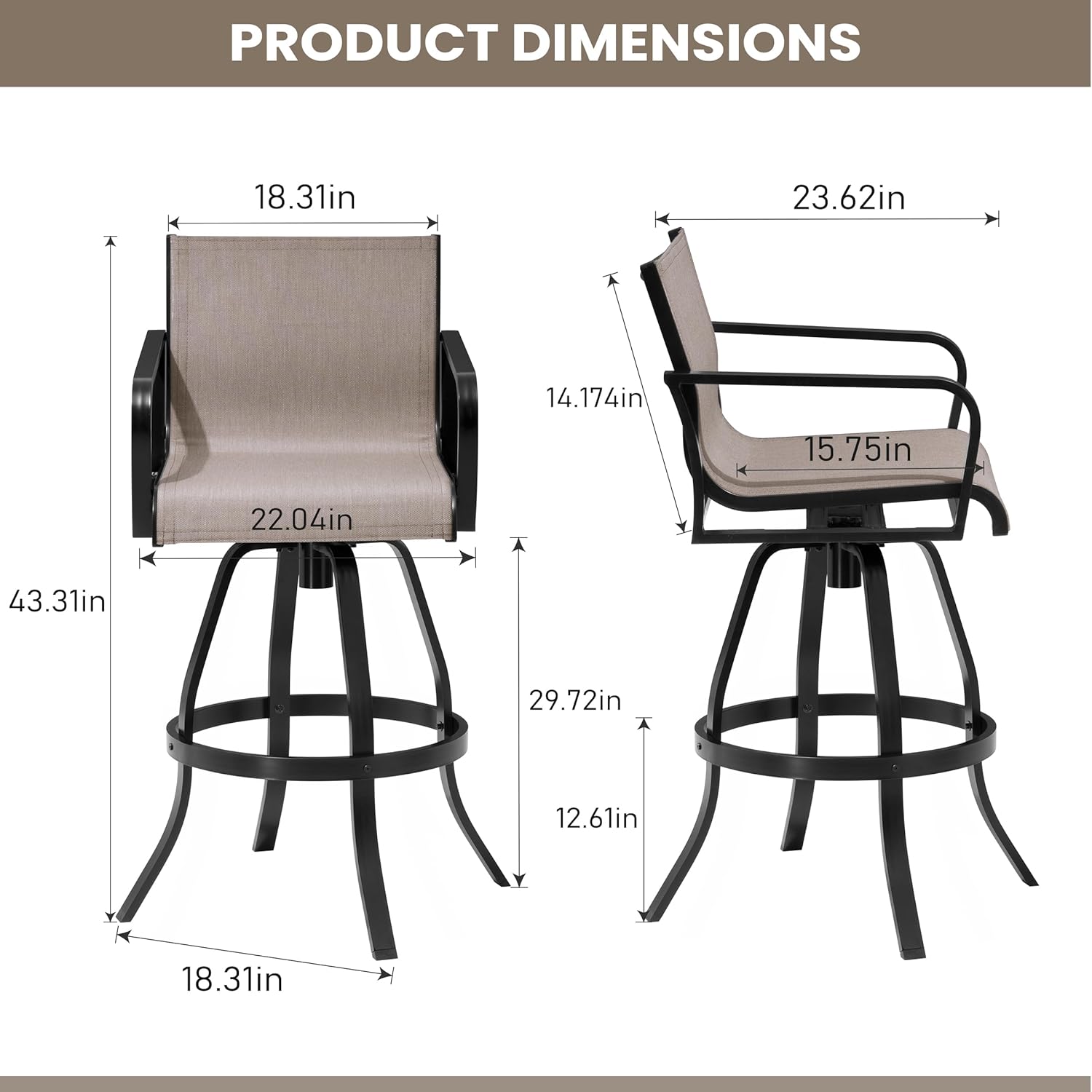 Pellebant 4 Pcs Swivel Outdoor Bar Stools, 30" High Bar Chairs with Sunbrella Fabric & Aluminum Frame, All Weather Barstools for Patio, Balcony, Garden, Backyard, Augustine Ashe