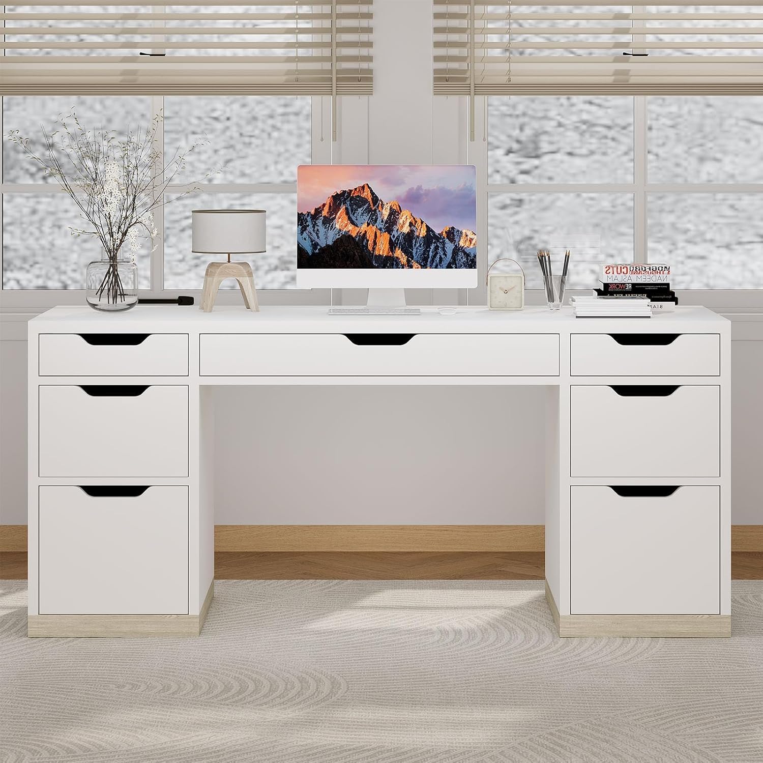 White Desk with 7 Drawers, 54 Inch Executive Desk with Drawers for Bedroom, Home Office Desk with Drawers for Work Writing Study, Small Spaces - Image 8