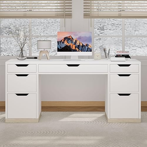 Miniatura 8 de Escritorio blanco con 7 cajones, escritorio ejecutivo de 54 pulgadas con cajones para dormitorio, escritorio de oficina en casa con gabinete para