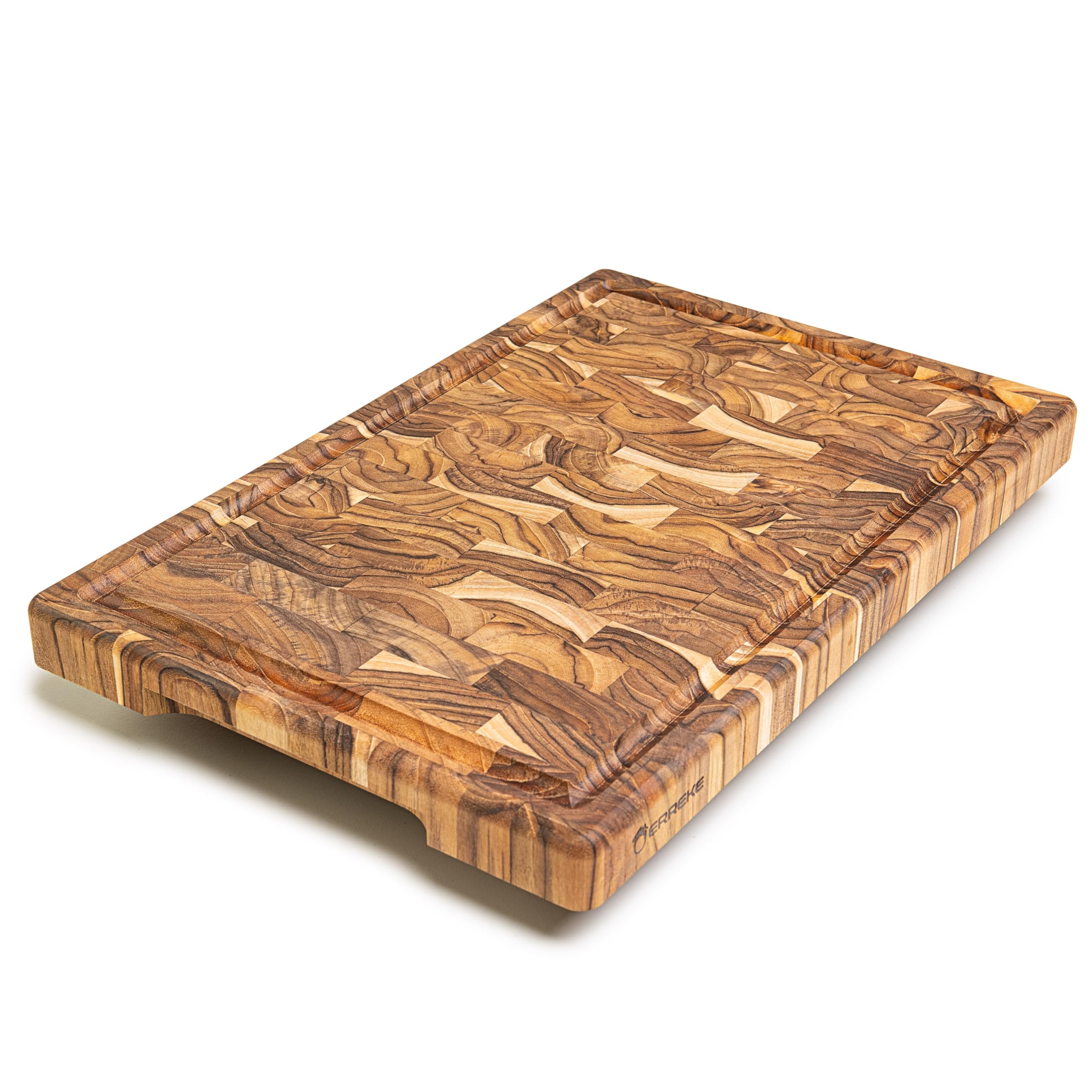 Erreke Tabla de Madera de Teca Natural End Grain, 44x29.5x3.2 cm, Grande | con Ranura para Jugos. Reversible y con Asas Integradas. Tabla Madera Cocina. Para Quesos Embutidos Carne Pan. Uso Diario